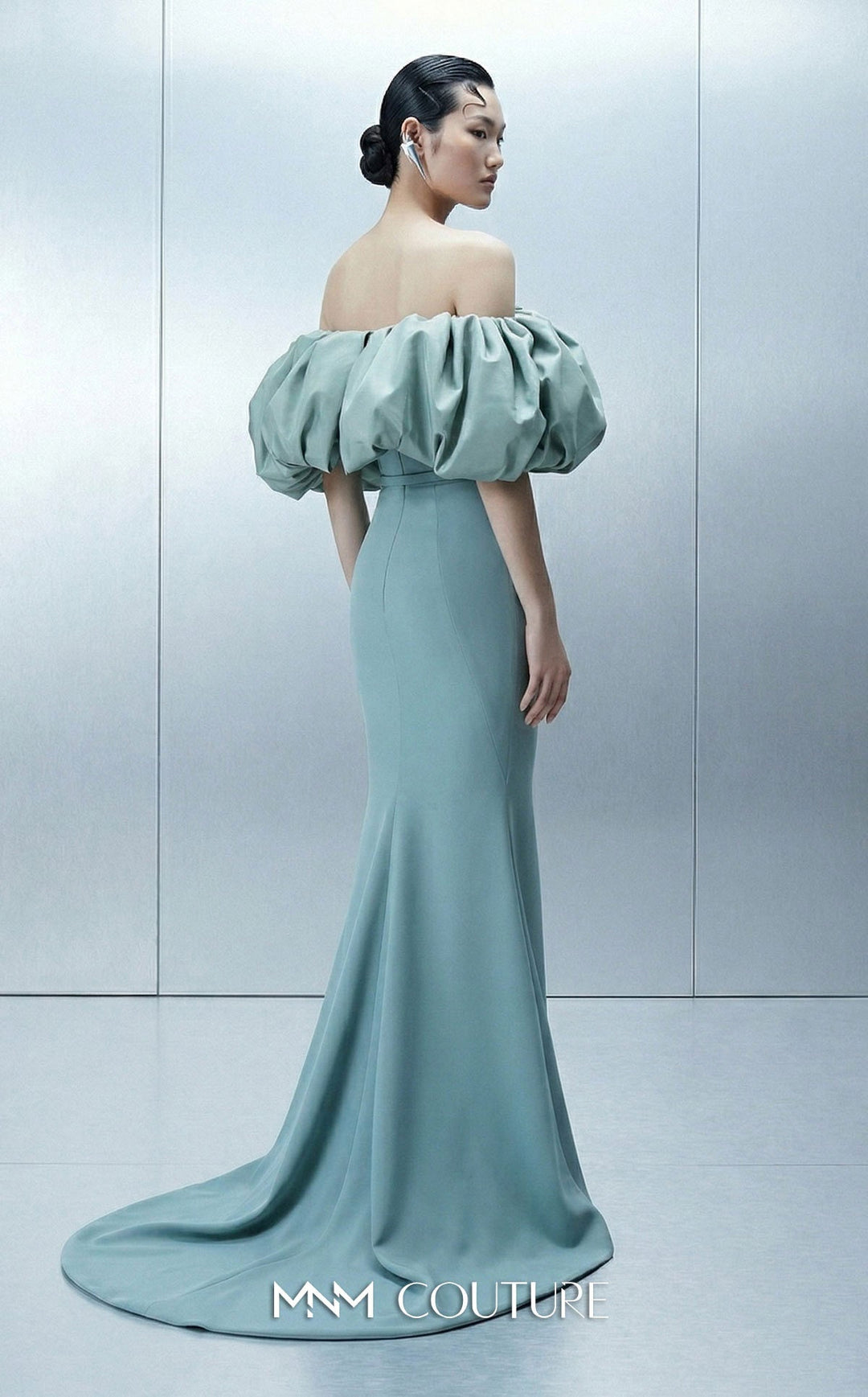 MNM Couture Style E0165 Luxurious Crepe Gown with Puffy Taffeta Sleeves - FOSTANI.com