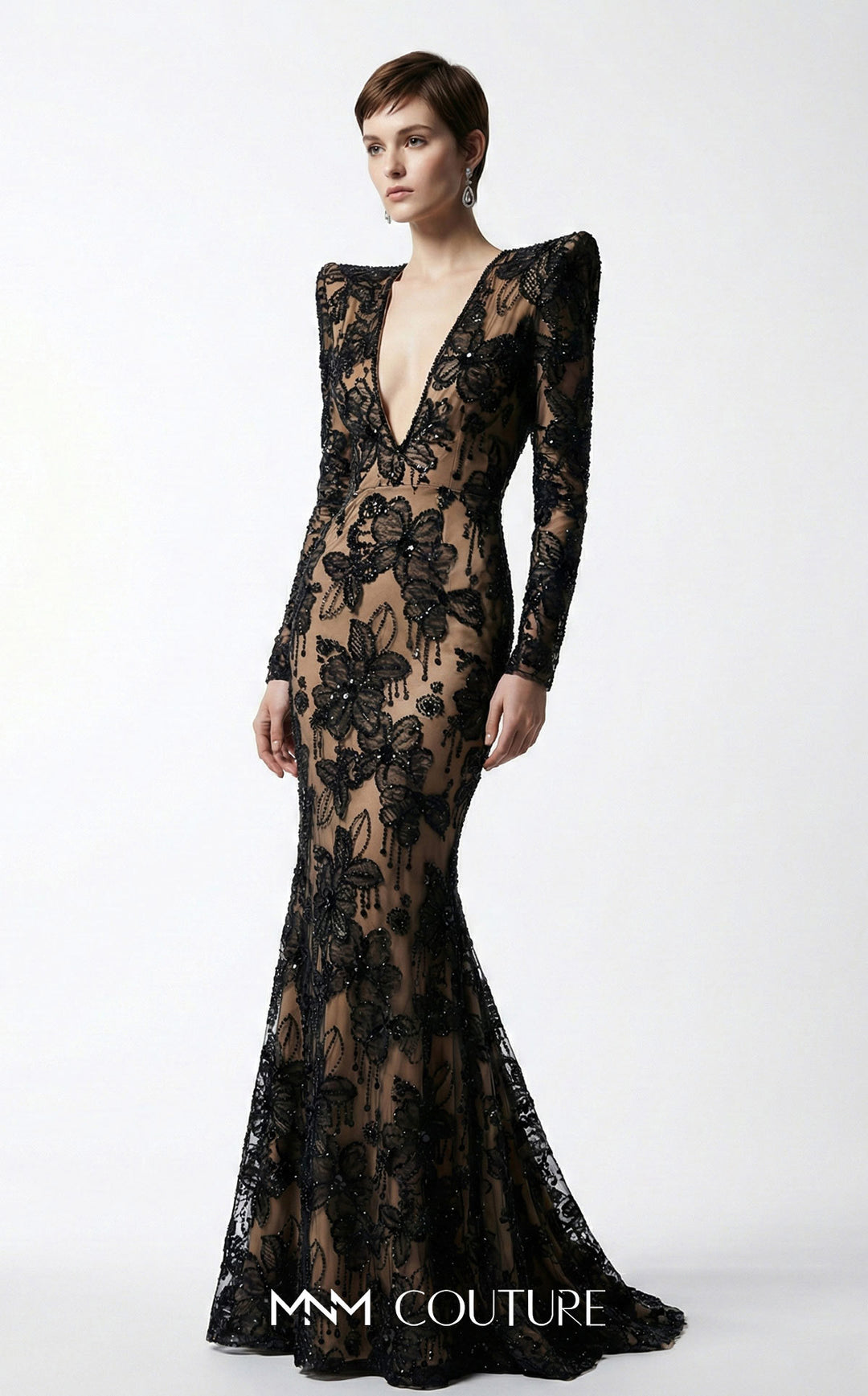 Fouad Sarkis F03021 plunging V-neck structured shoulder long sleeve beaded appliqué mermaid gown front view