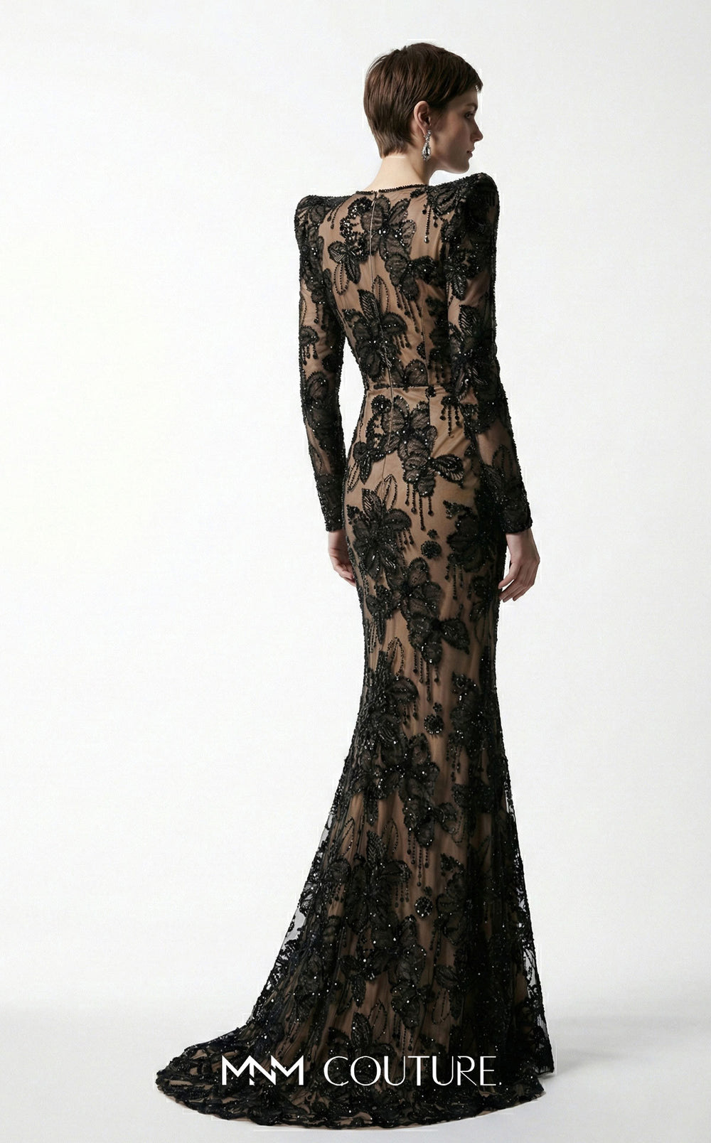 Fouad Sarkis F03021 plunging V-neck structured shoulder long sleeve beaded appliqué mermaid gown back view