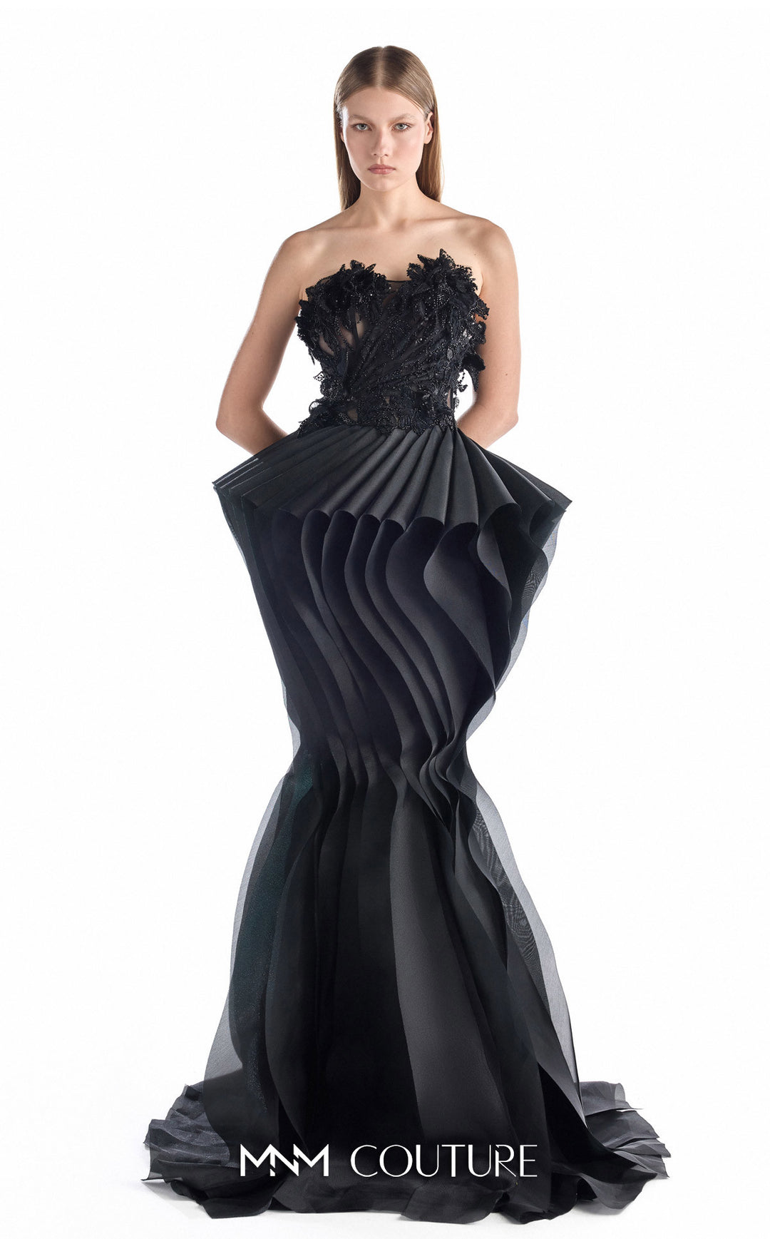 Gaby Charbachy G2205 strapless 3D floral illusion corset mermaid gown with sculpted pleats front view