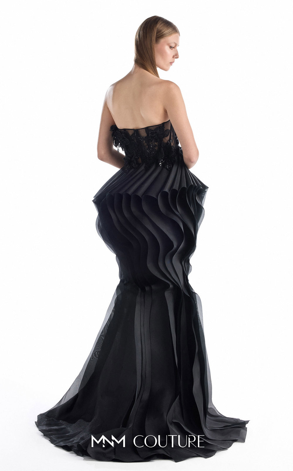 Gaby Charbachy G2205 strapless 3D floral illusion corset mermaid gown with sculpted pleats back view