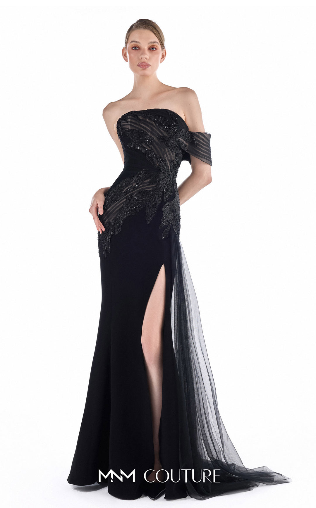 Gaby Charbachy G2246 asymmetric off-the-shoulder band beaded sheath gown with slit front view