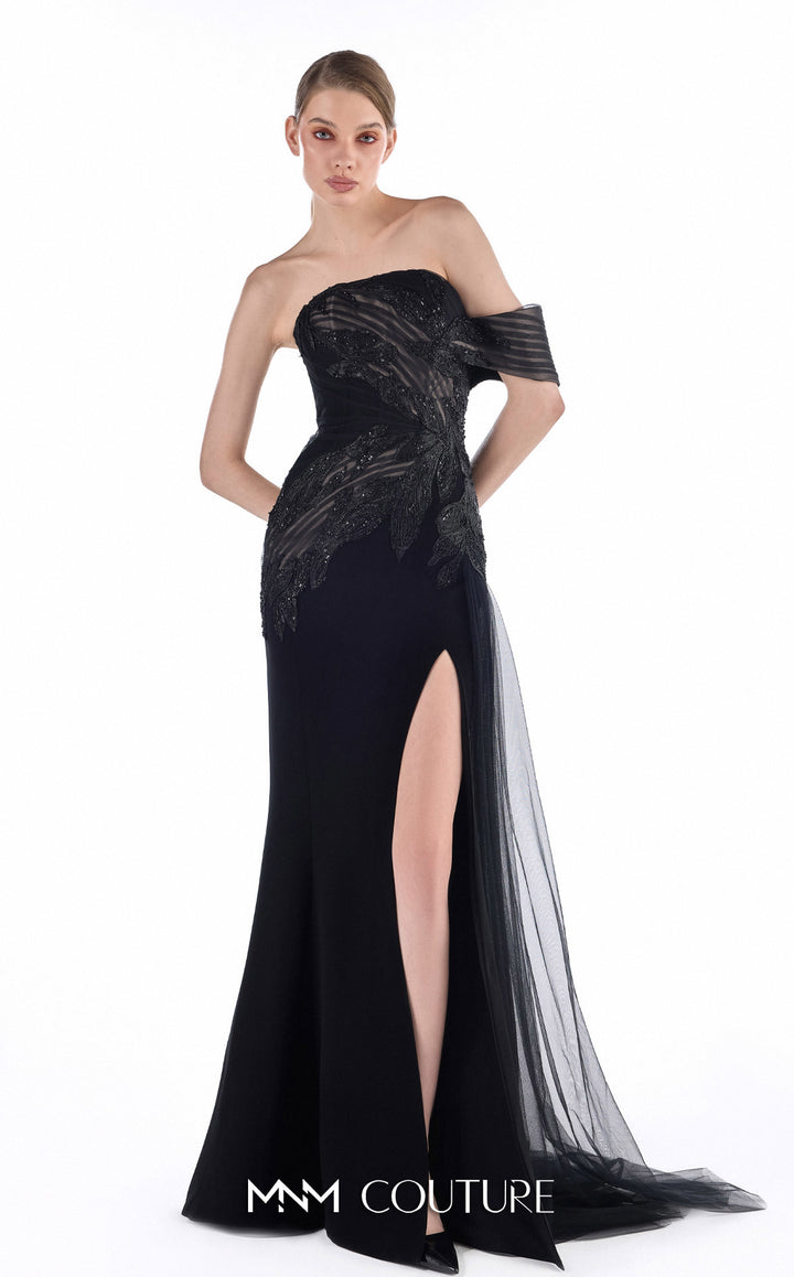 Gaby Charbachy G2246 asymmetric off-the-shoulder band beaded sheath gown with slit full-length front view