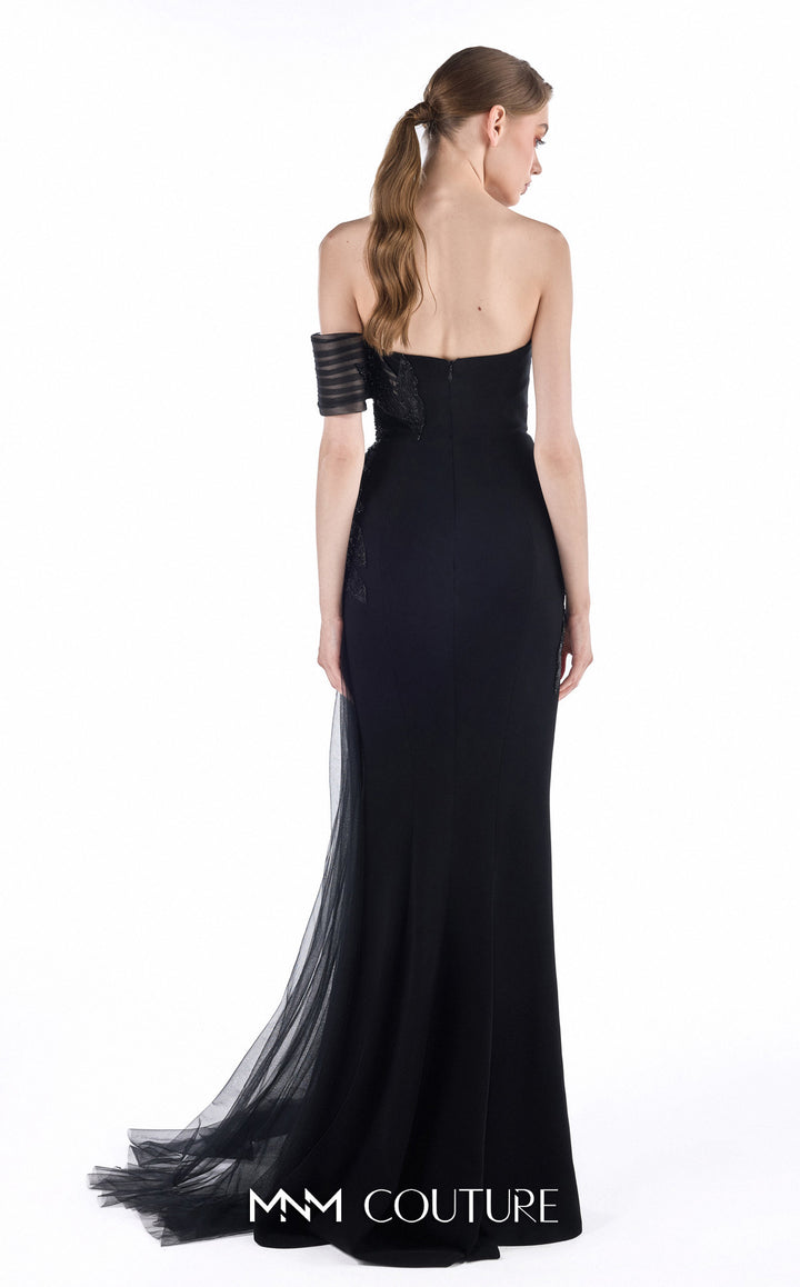 Gaby Charbachy G2246 asymmetric off-the-shoulder band beaded sheath gown with slit back view