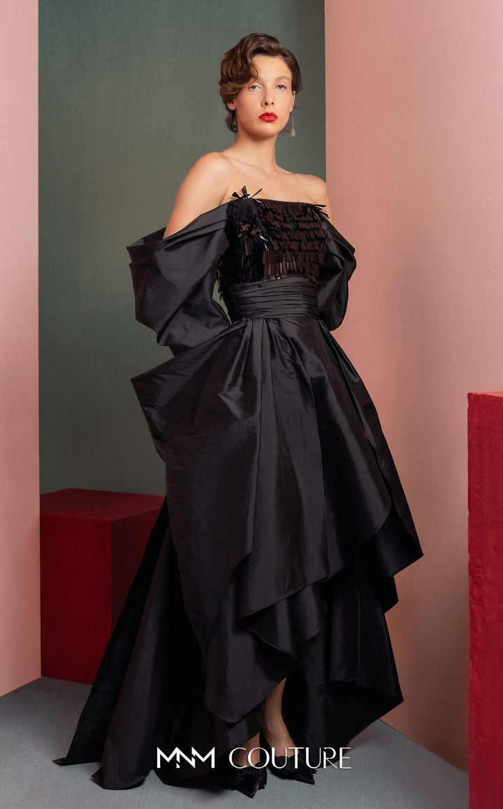 Gaby Charbachy GOF2506 off-the-shoulder puff sleeve gown with draped skirt front view