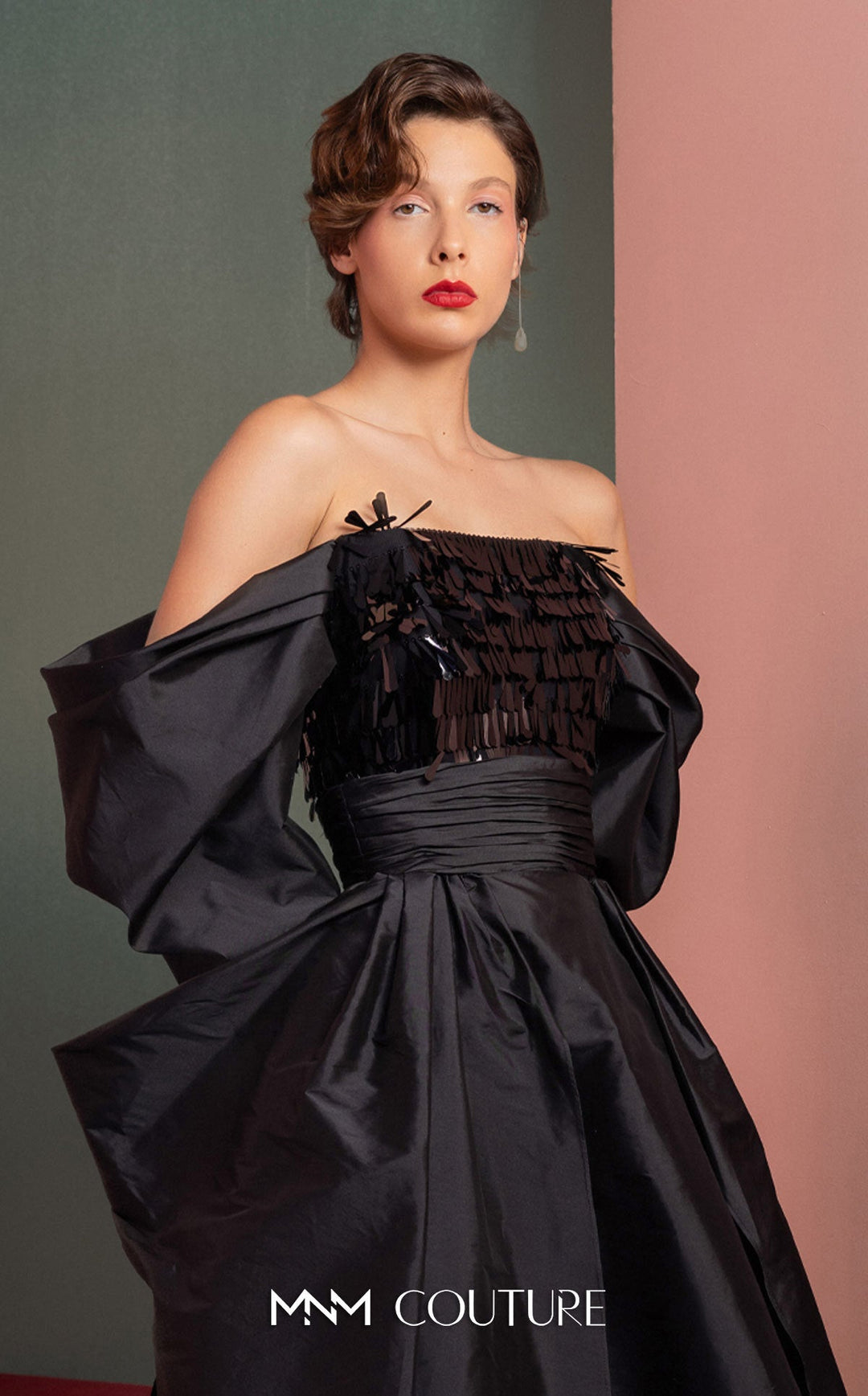 Gaby Charbachy GOF2506 off-the-shoulder puff sleeve gown with draped skirt bodice detail