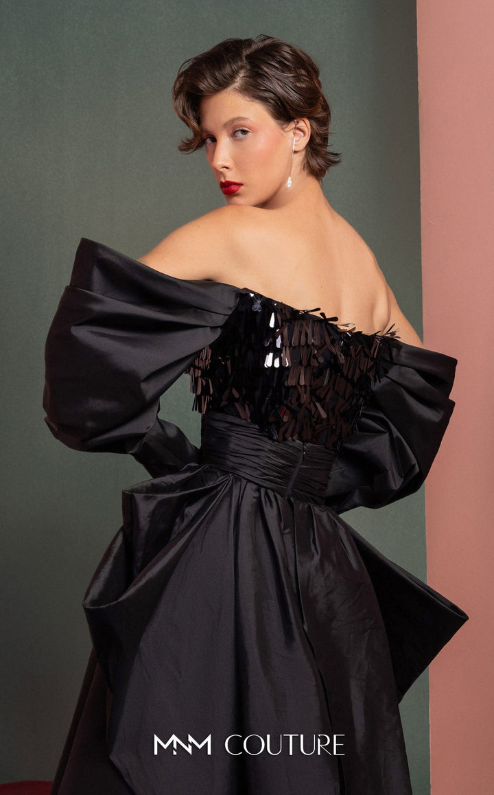 Gaby Charbachy GOF2506 off-the-shoulder puff sleeve gown with draped skirt back detail