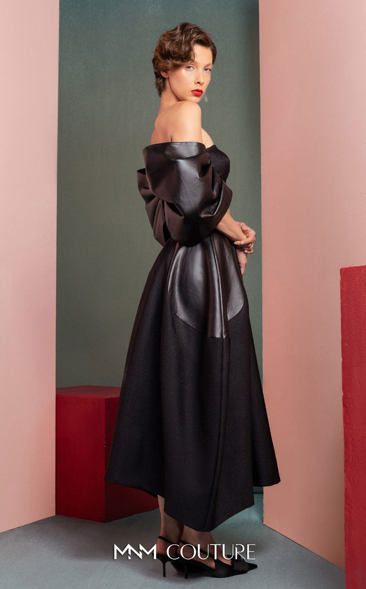 Gaby Charbachy GOF2509 strapless crop top with puff sleeves and midi skirt side view