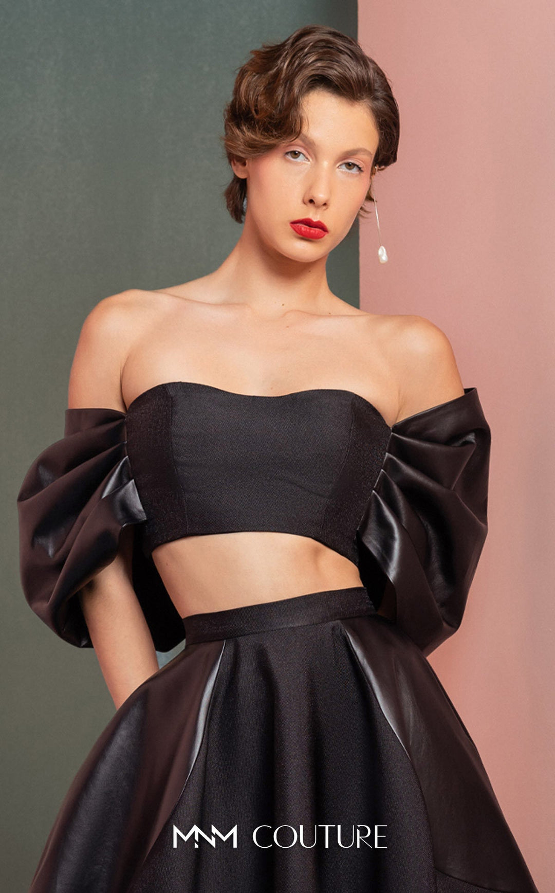 Gaby Charbachy GOF2509 strapless crop top with puff sleeves and midi skirt top detail