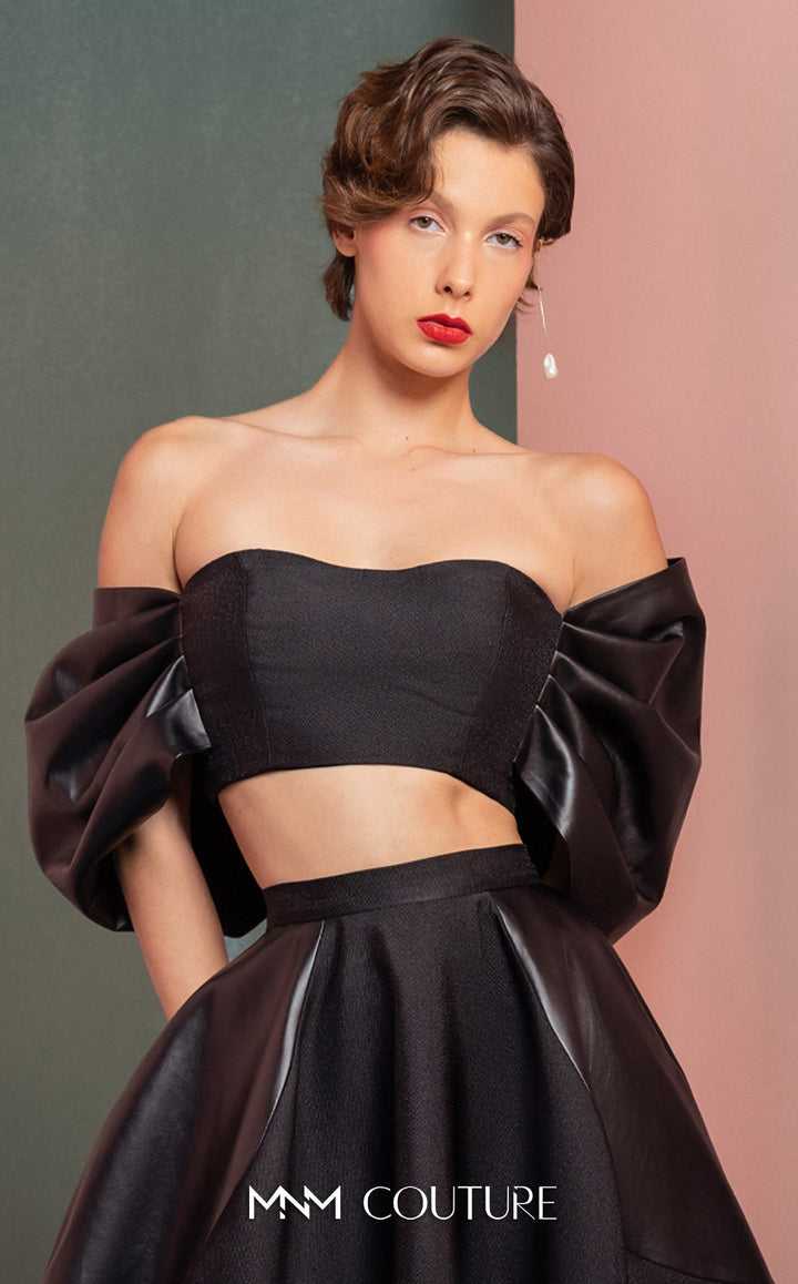 Gaby Charbachy GOF2509 strapless crop top with puff sleeves and midi skirt top detail