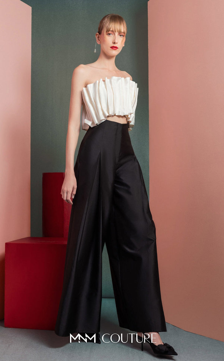Gaby Charbachy GOF2516 strapless pleated ruffle crop top and wide-leg pant set three-quarter view