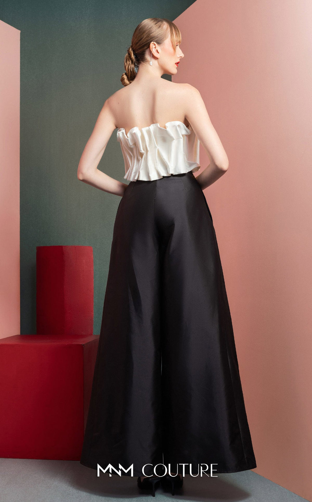 Gaby Charbachy GOF2516 strapless pleated ruffle crop top and wide-leg pant set back view