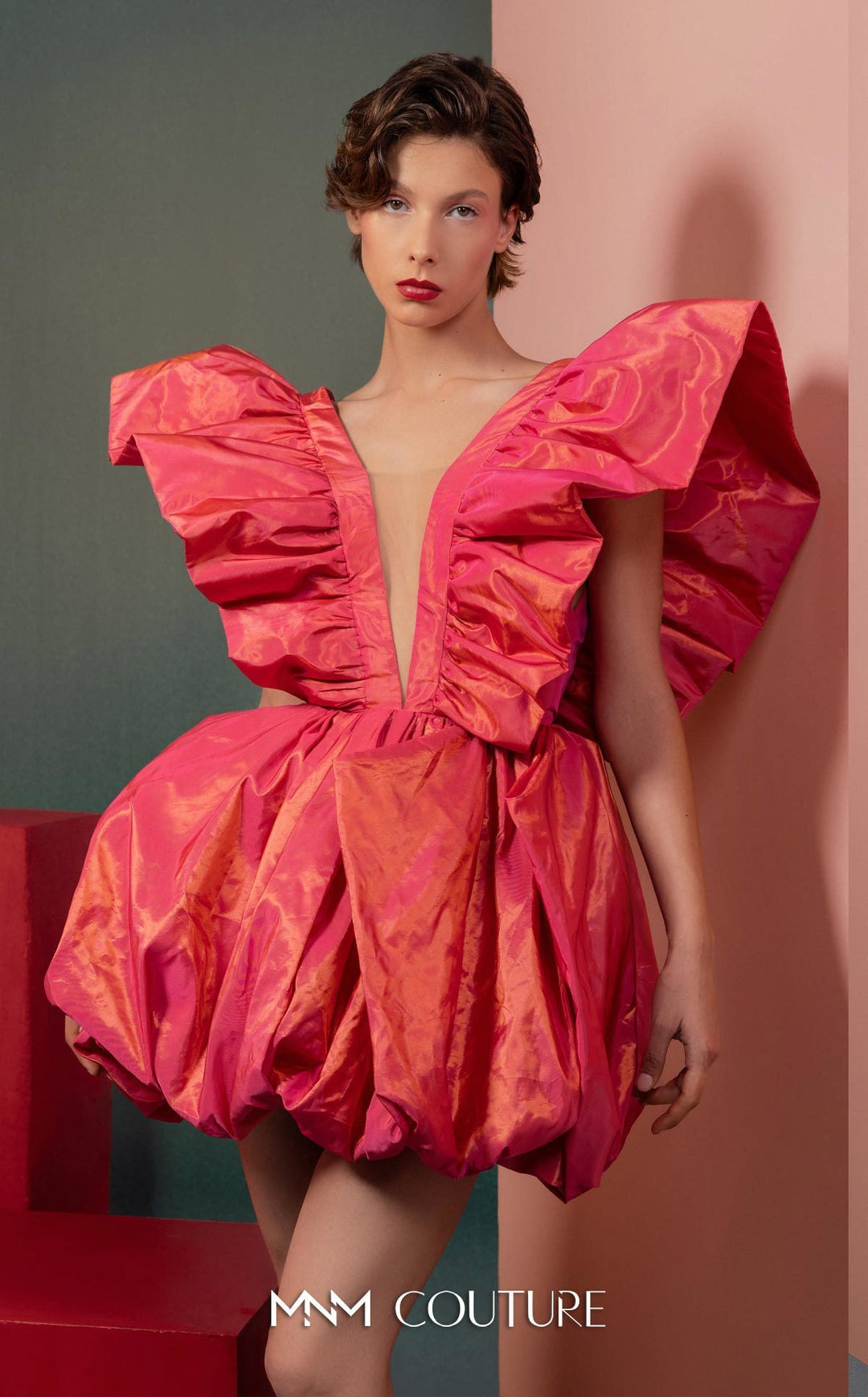 Gaby Charbachy GOF2518 plunging V-neck ruffle shoulder bubble mini dress front view