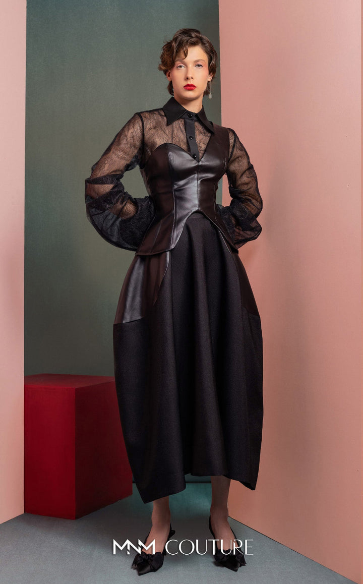Gaby Charbachy GOF2520 sheer collared balloon sleeve dress with corset bodice front view