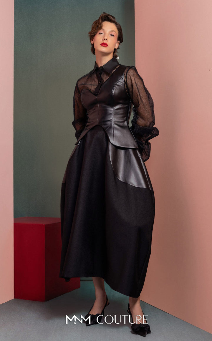 Gaby Charbachy GOF2520 sheer collared balloon sleeve dress with corset bodice three-quarter view