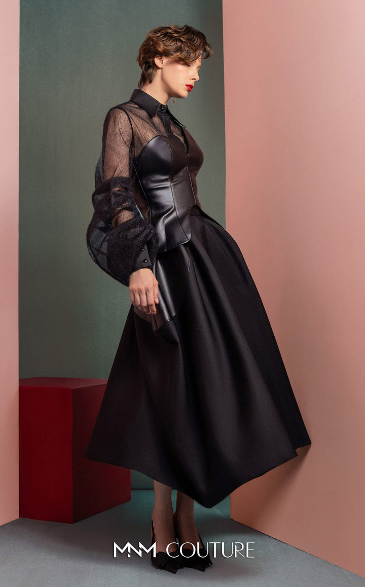 Gaby Charbachy GOF2520 sheer collared balloon sleeve dress with corset bodice side view