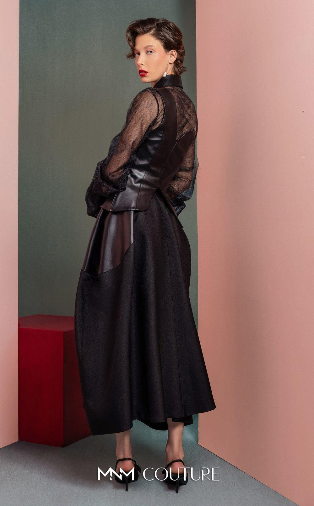 Gaby Charbachy GOF2520 sheer collared balloon sleeve dress with corset bodice back view