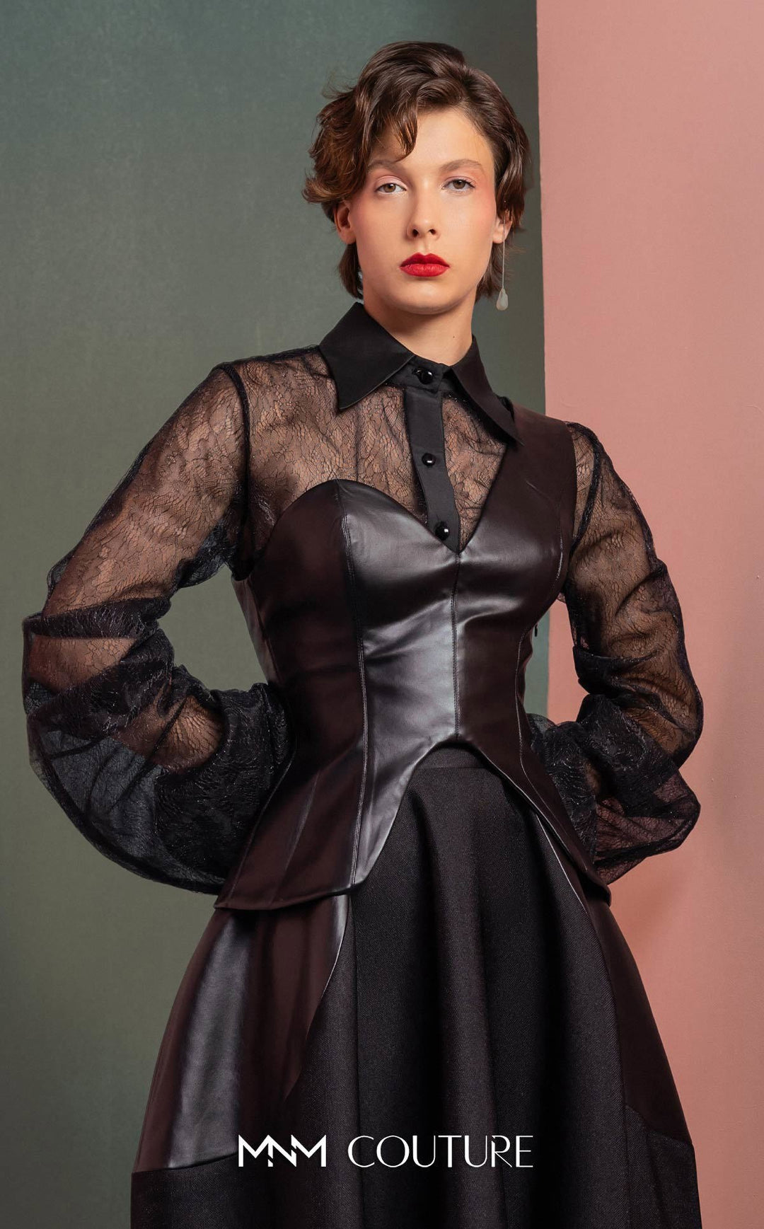 Gaby Charbachy GOF2520 sheer collared balloon sleeve dress with corset bodice detail