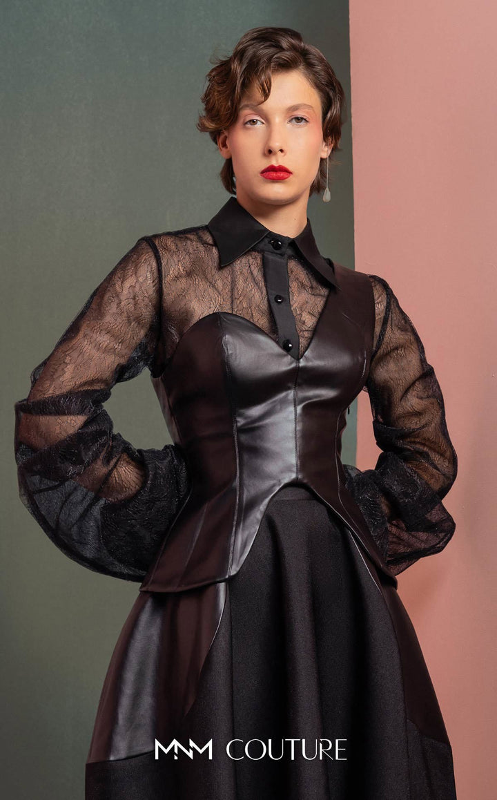 Gaby Charbachy GOF2520 sheer collared balloon sleeve dress with corset bodice detail