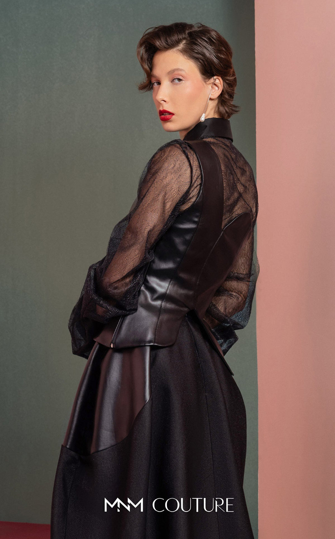 Gaby Charbachy GOF2520 sheer collared balloon sleeve dress with corset bodice back detail