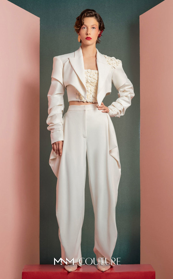 Gaby Charbachy GOF2522 cropped draped jacket bustier and wide-leg pant set front view