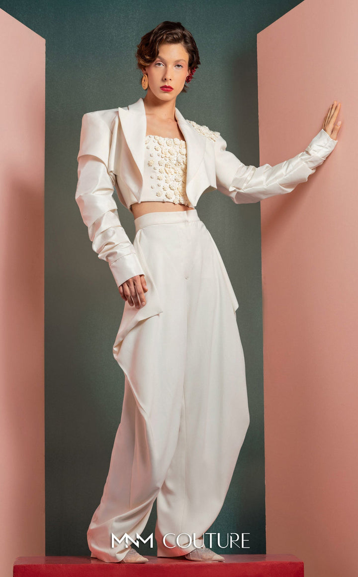 Gaby Charbachy GOF2522 cropped draped jacket bustier and wide-leg pant set three-quarter view