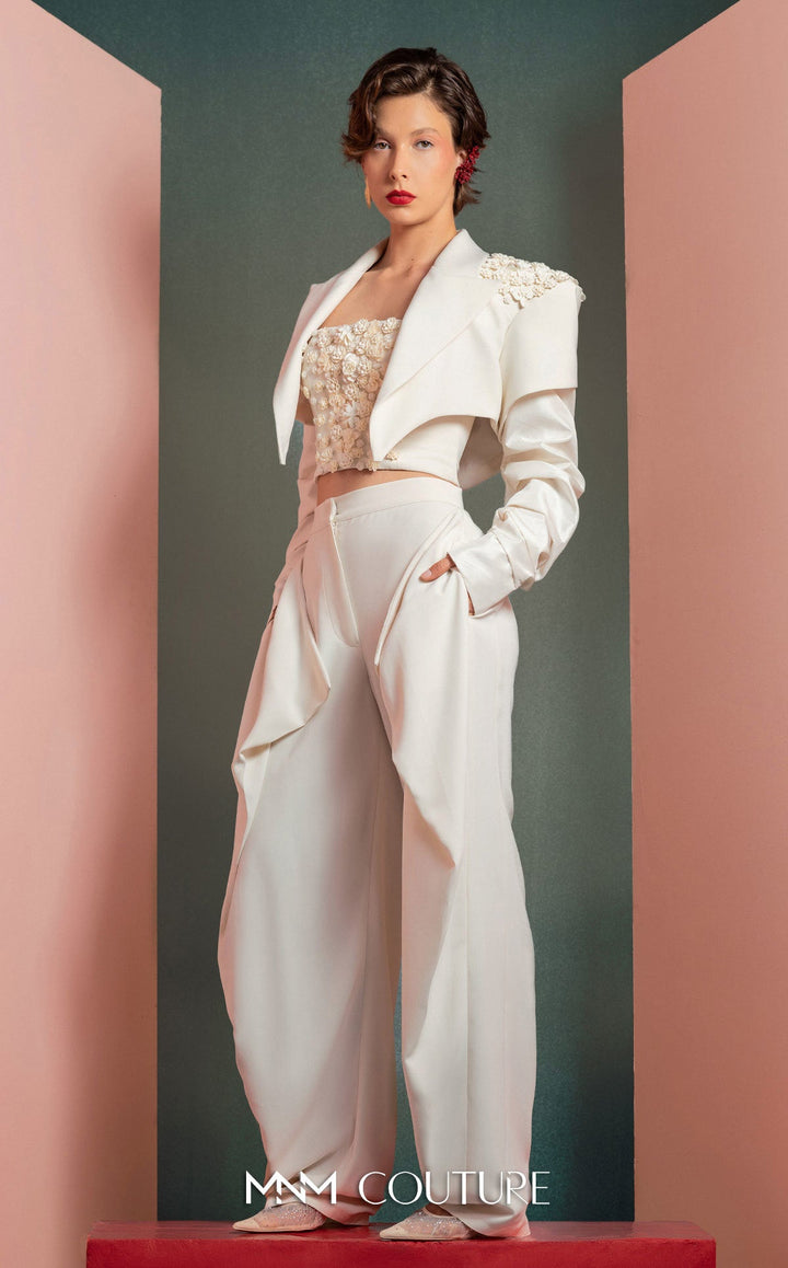 Gaby Charbachy GOF2522 cropped draped jacket bustier and wide-leg pant set side view
