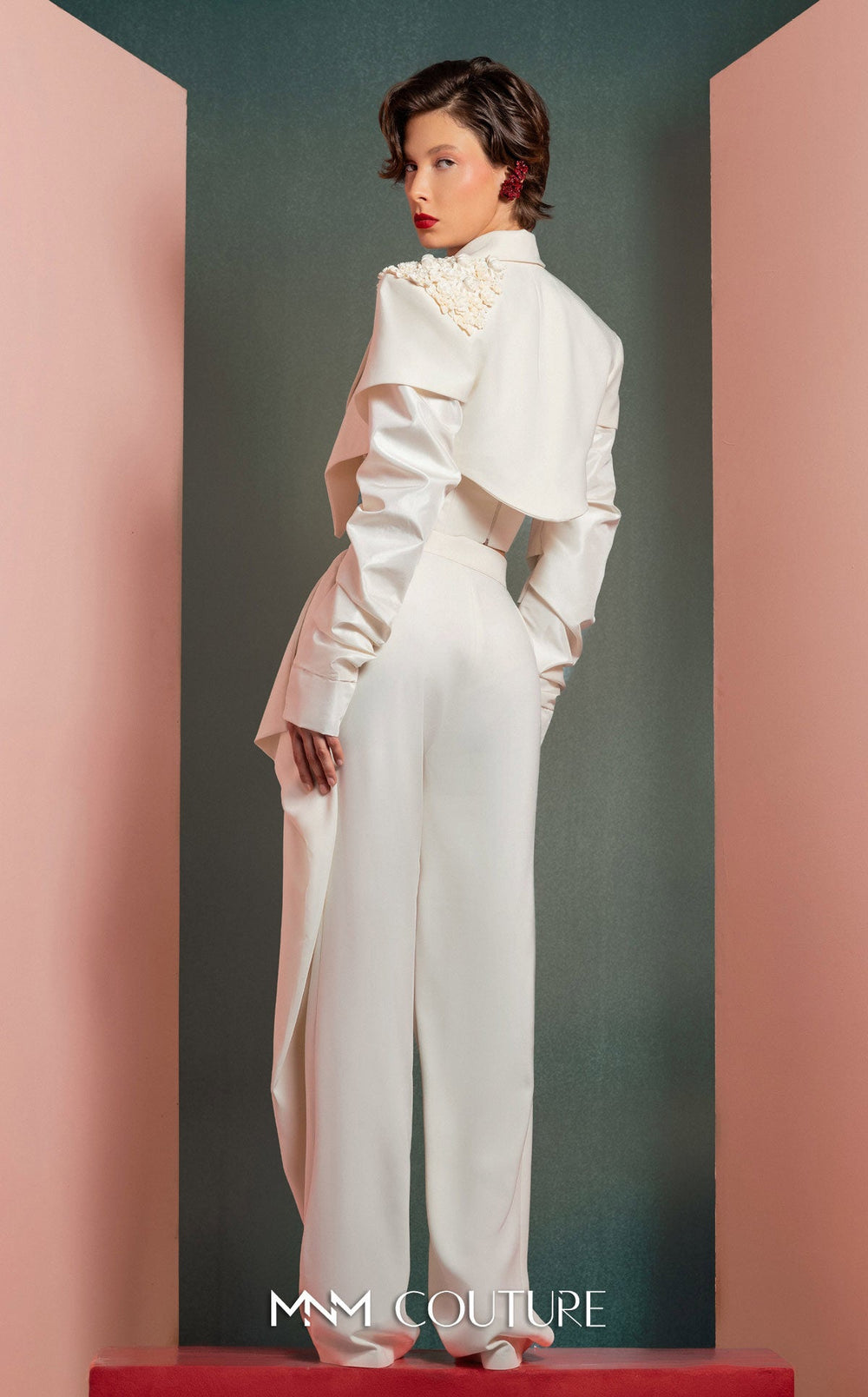Gaby Charbachy GOF2522 cropped draped jacket bustier and wide-leg pant set side back view