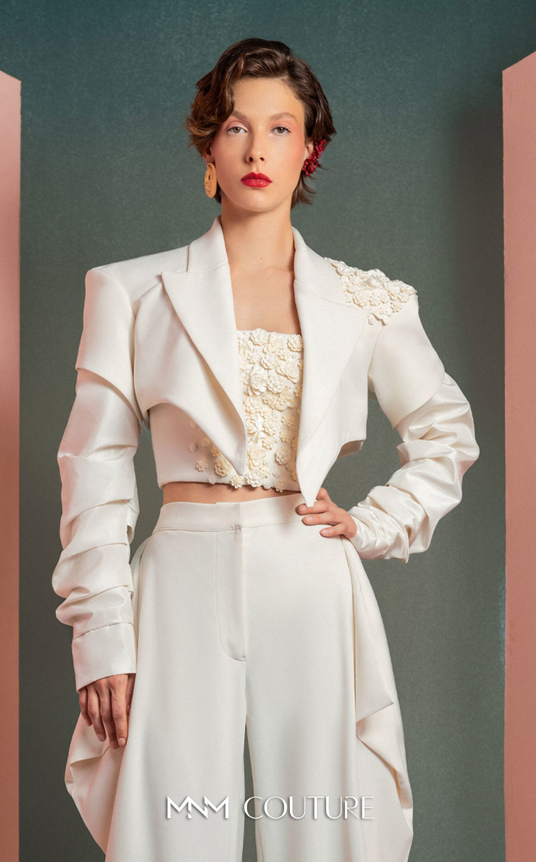 Gaby Charbachy GOF2522 cropped draped jacket bustier and wide-leg pant set top detail