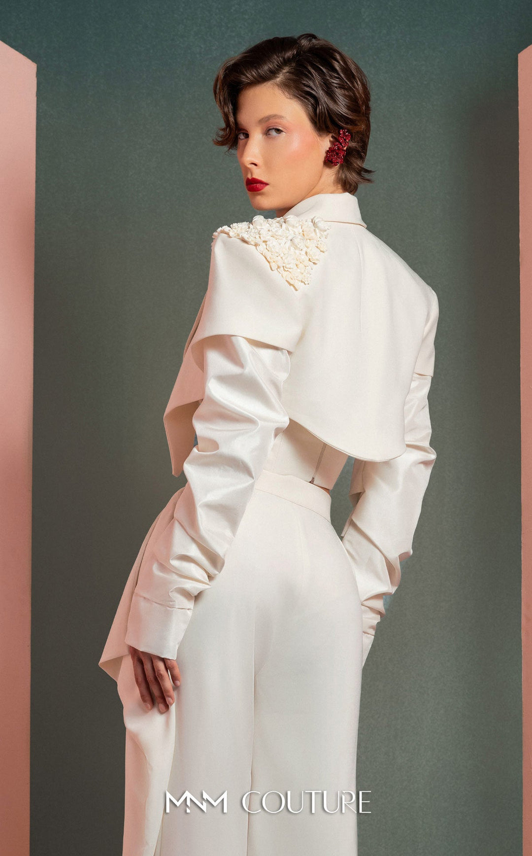 Gaby Charbachy GOF2522 cropped draped jacket bustier and wide-leg pant set back detail
