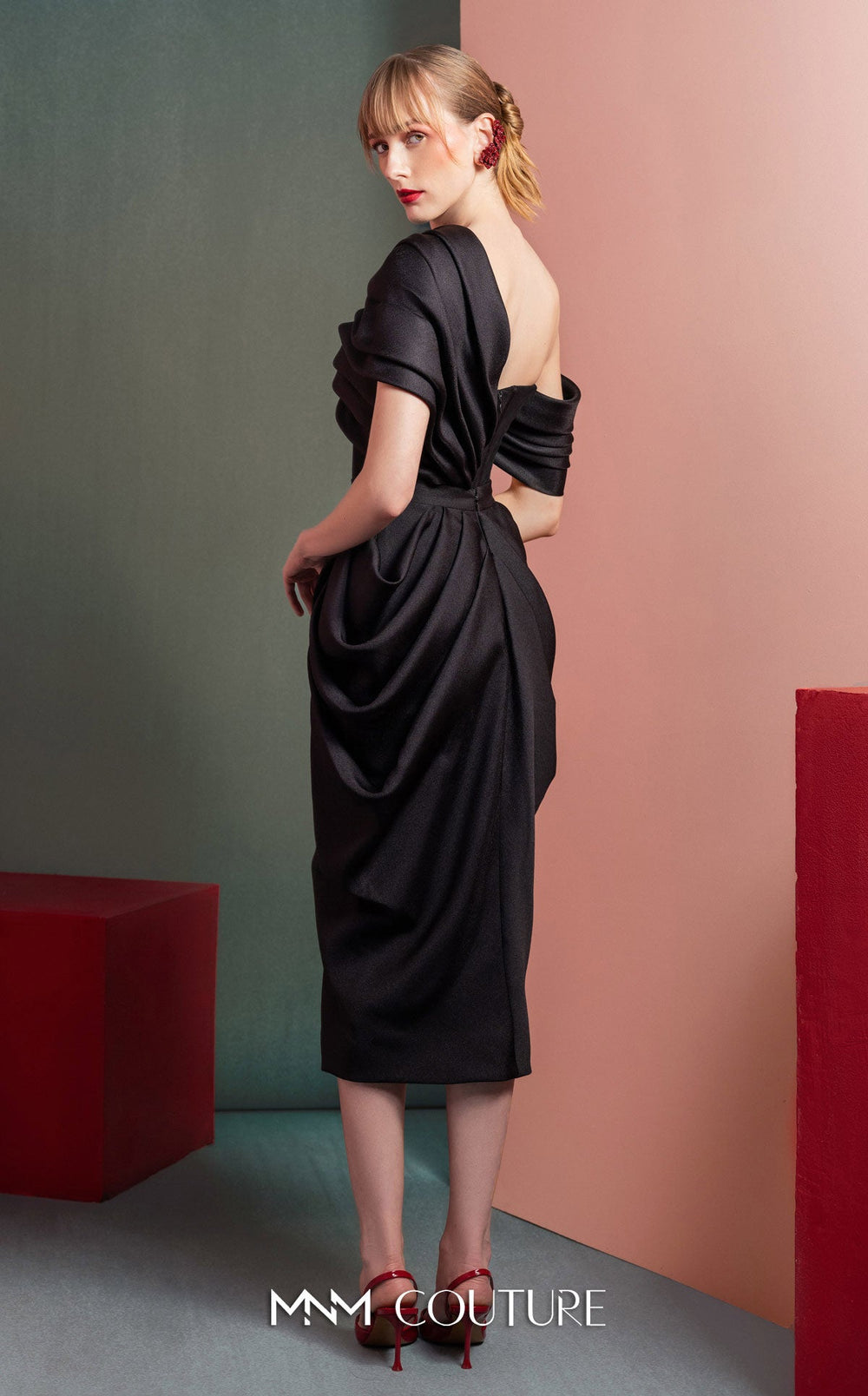 Gaby Charbachy GOF2528 one-shoulder draped corset midi dress back view