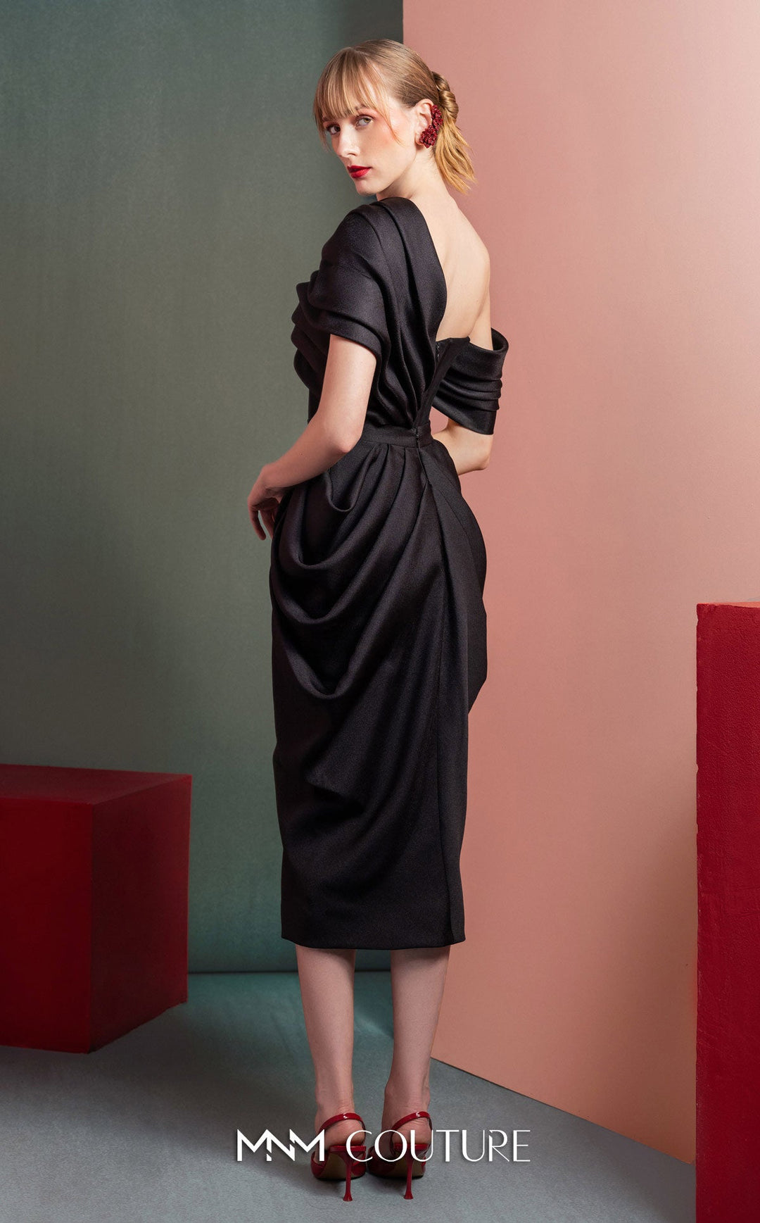 Gaby Charbachy GOF2528 one-shoulder draped corset midi dress back view