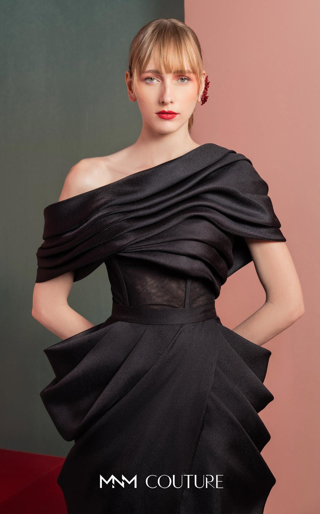 Gaby Charbachy GOF2528 one-shoulder draped corset midi dress bodice detail