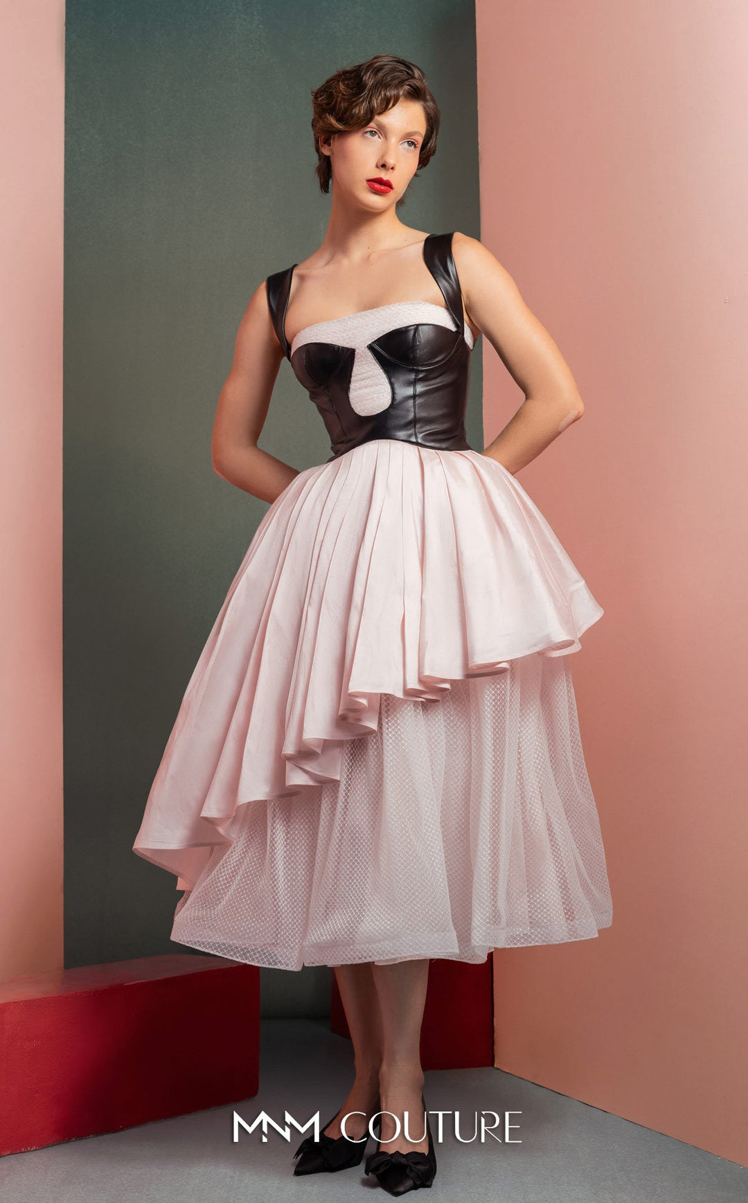 Gaby Charbachy GOF2530 contrast bustier midi dress with tiered skirt three-quarter view