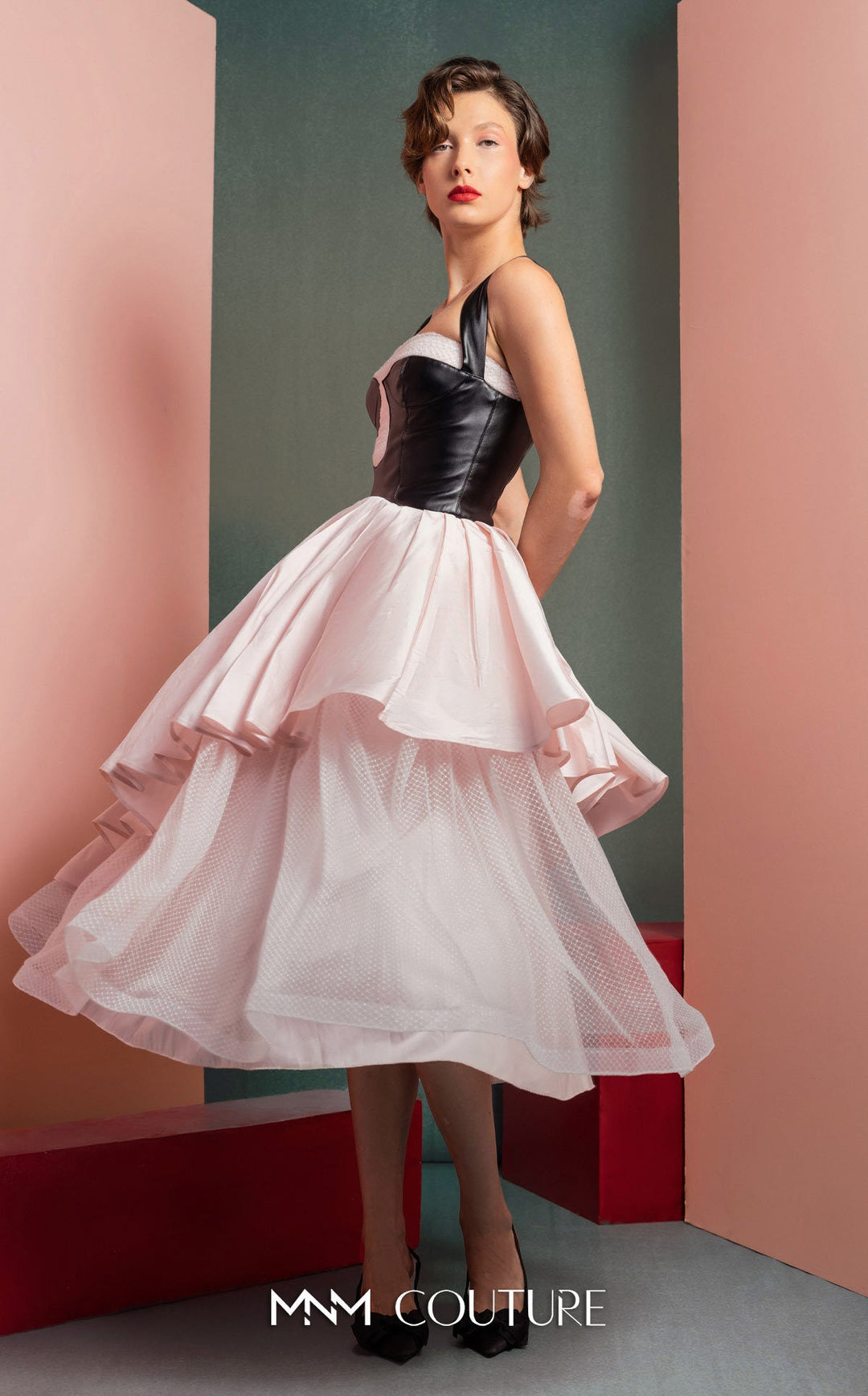 Gaby Charbachy GOF2530 contrast bustier midi dress with tiered skirt side view
