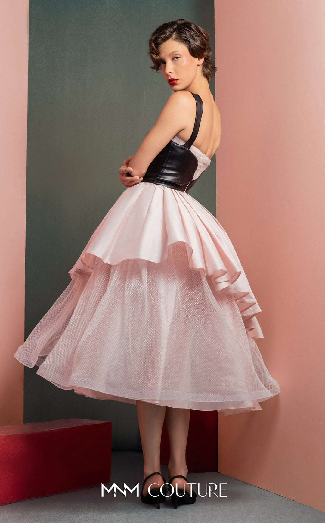 Gaby Charbachy GOF2530 contrast bustier midi dress with tiered skirt back view