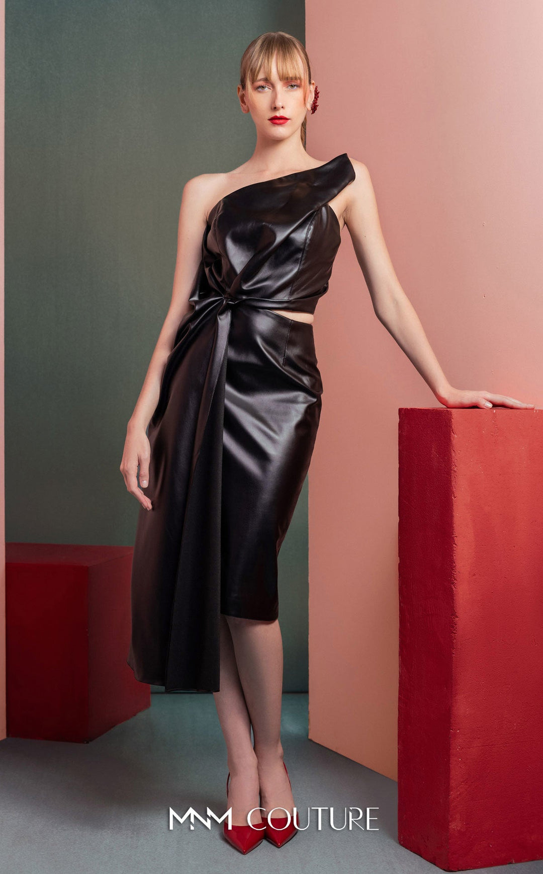 Gaby Charbachy GOF2533 one-shoulder draped midi dress with waist cutout front view
