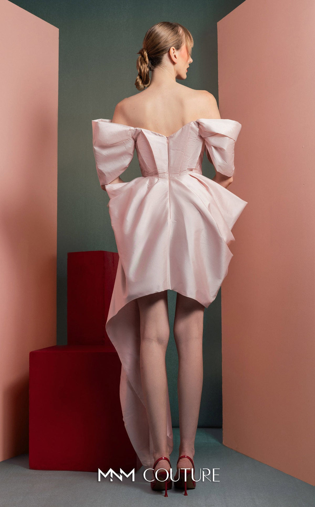 Gaby Charbachy GOF2534 off-the-shoulder wide V-neck draped mini dress back view