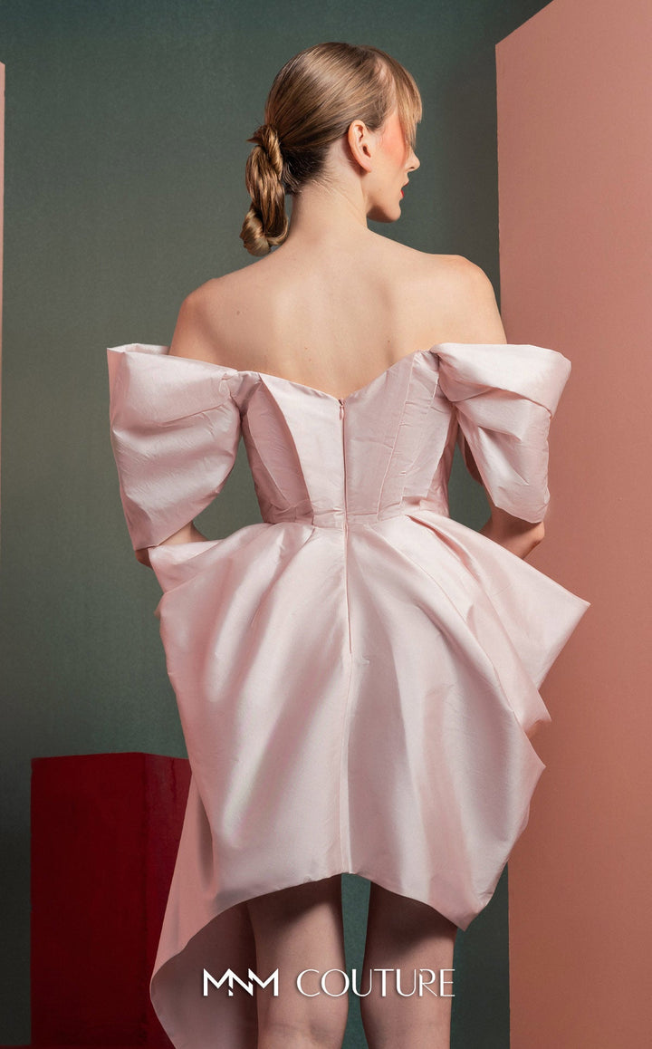 Gaby Charbachy GOF2534 off-the-shoulder wide V-neck draped mini dress back detail