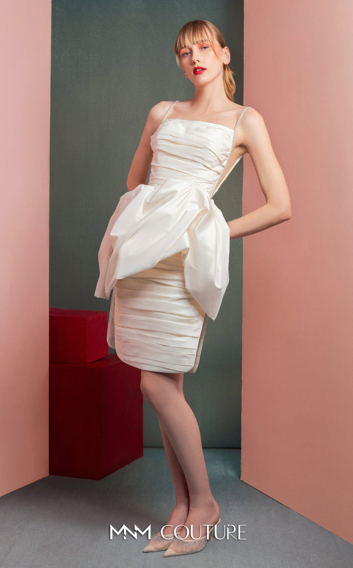 Gaby Charbachy GOF2535 spaghetti strap ruched mini dress with bow peplum three-quarter view
