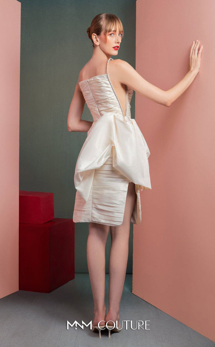 Gaby Charbachy GOF2535 spaghetti strap ruched mini dress with bow peplum side back view