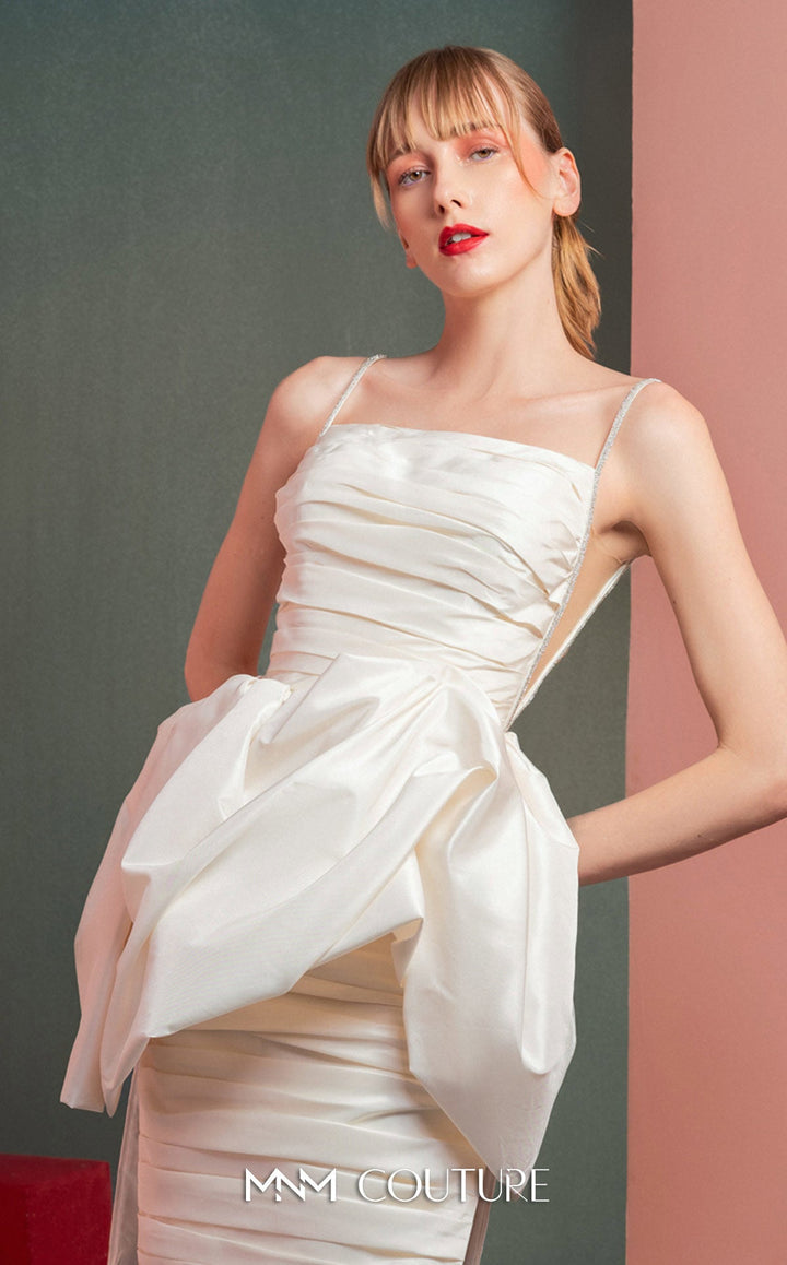 Gaby Charbachy GOF2535 spaghetti strap ruched mini dress with bow peplum bodice detail