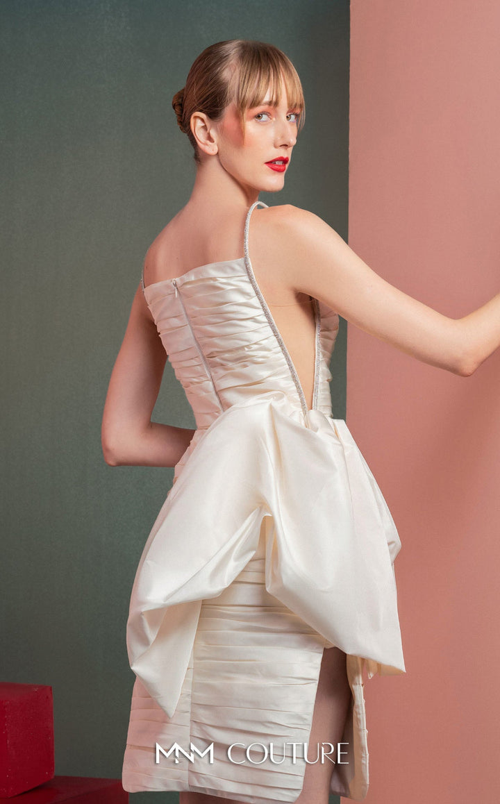 Gaby Charbachy GOF2535 spaghetti strap ruched mini dress with bow peplum back detail
