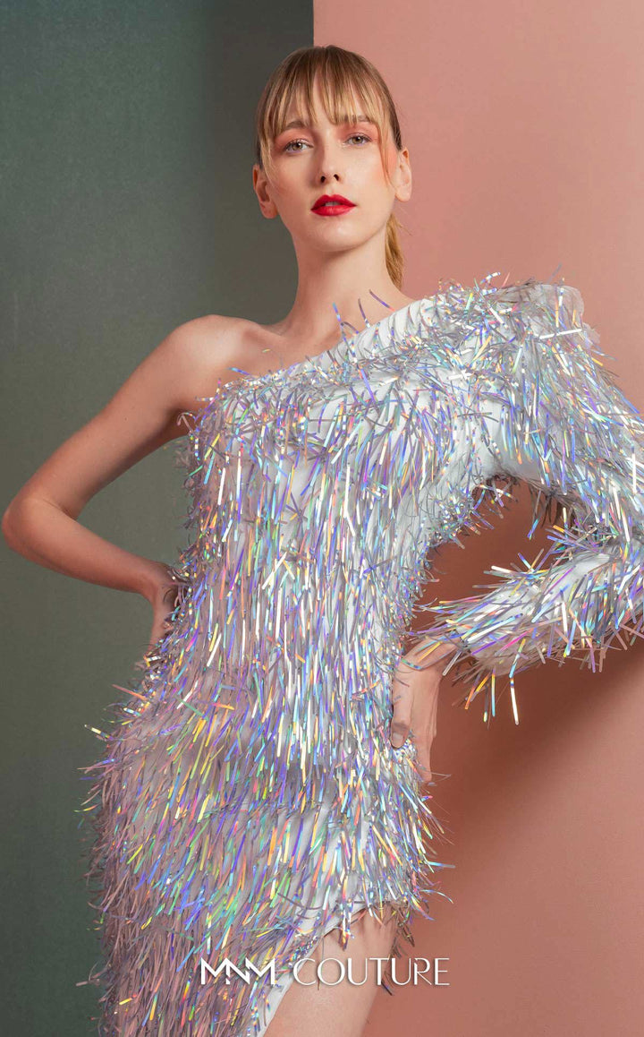 Gaby Charbachy GOF2536 one-shoulder long sleeve fringe sequin midi dress bodice detail