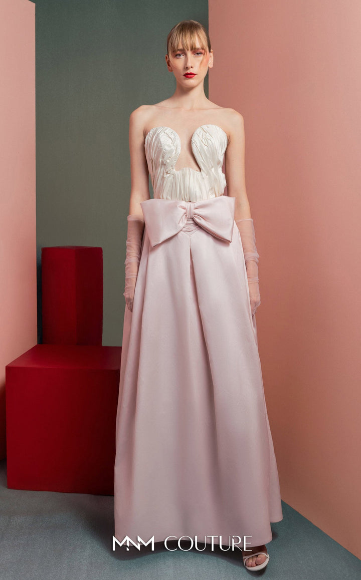 Gaby Charbachy GOF2540 strapless sculpted bodice A-line gown with waist bow front view