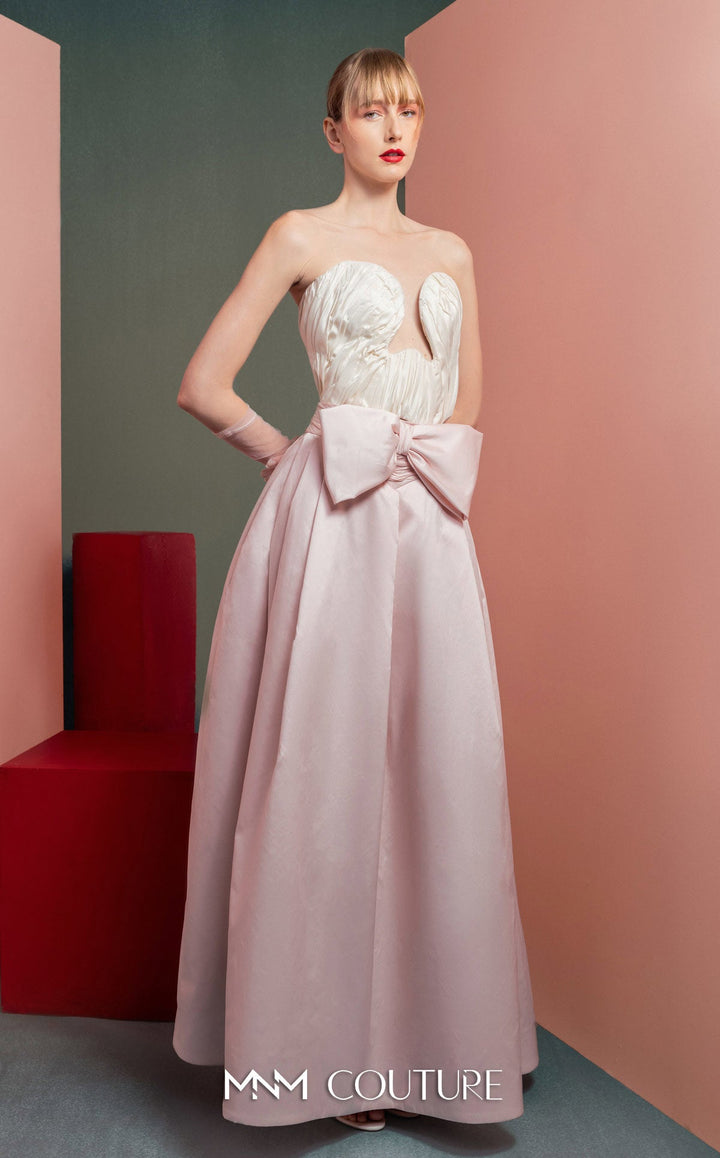 Gaby Charbachy GOF2540 strapless sculpted bodice A-line gown with waist bow three-quarter view