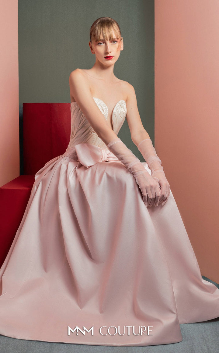 Gaby Charbachy GOF2540 strapless sculpted bodice A-line gown with waist bow seated view
