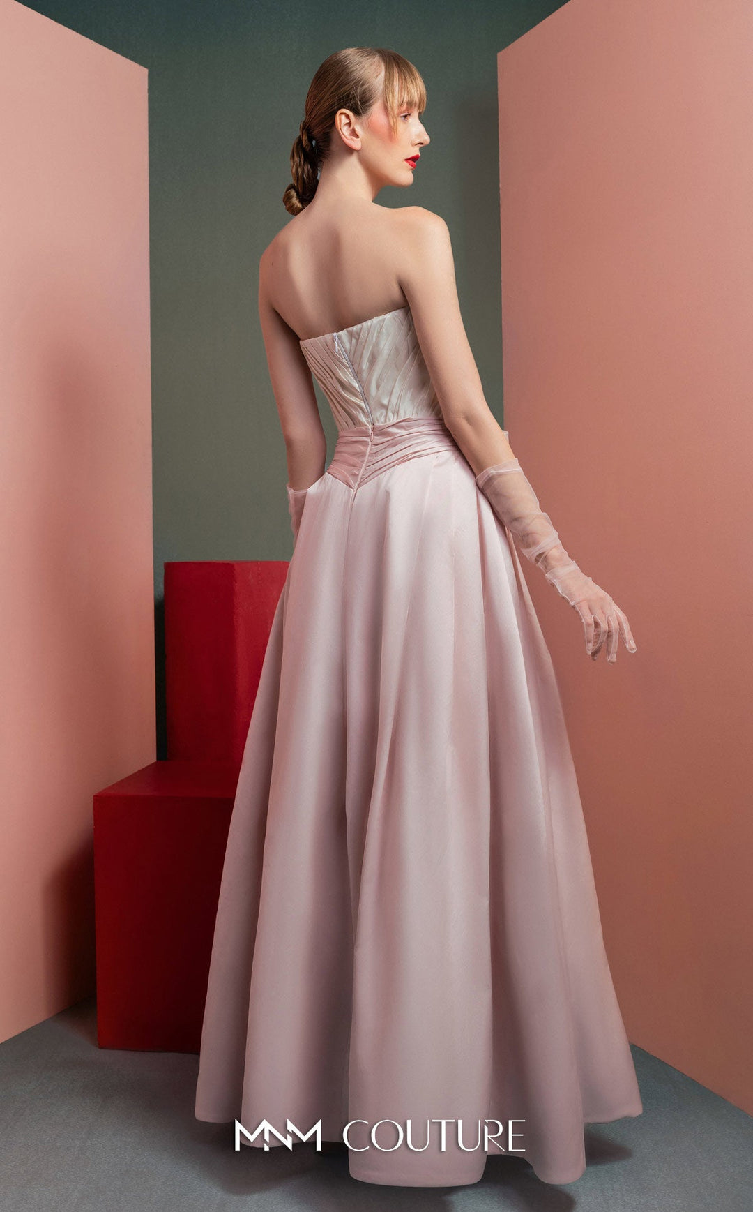 Gaby Charbachy GOF2540 strapless sculpted bodice A-line gown with waist bow back view