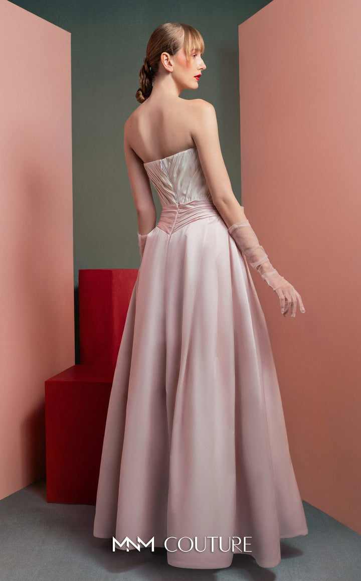 Gaby Charbachy GOF2540 strapless sculpted bodice A-line gown with waist bow back view