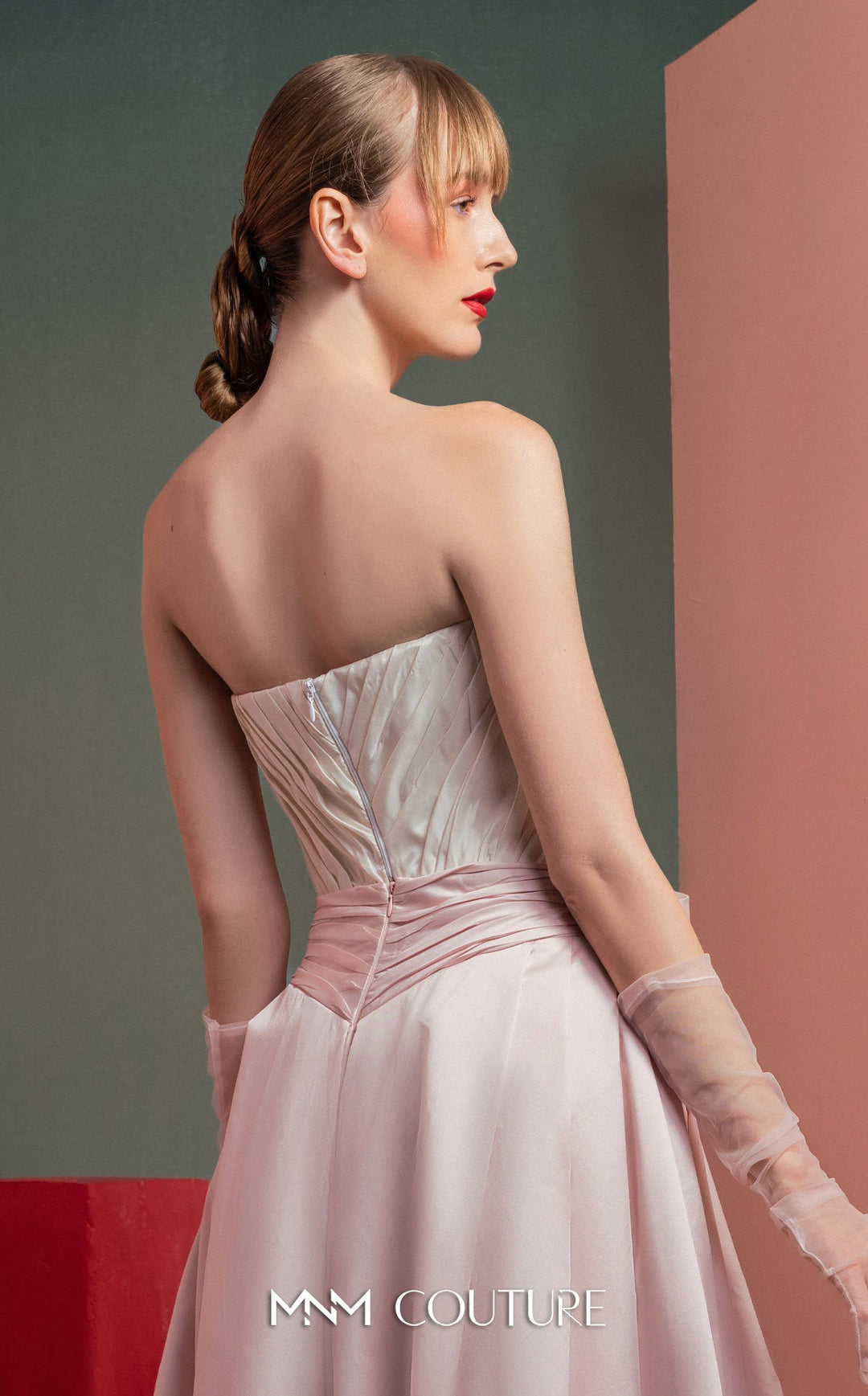 Gaby Charbachy GOF2540 strapless sculpted bodice A-line gown with waist bow back detail